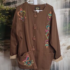 Bob Mackie Womens 2X Wearable Art Brown Jacket Colorful Boho Vibrant Embroidery